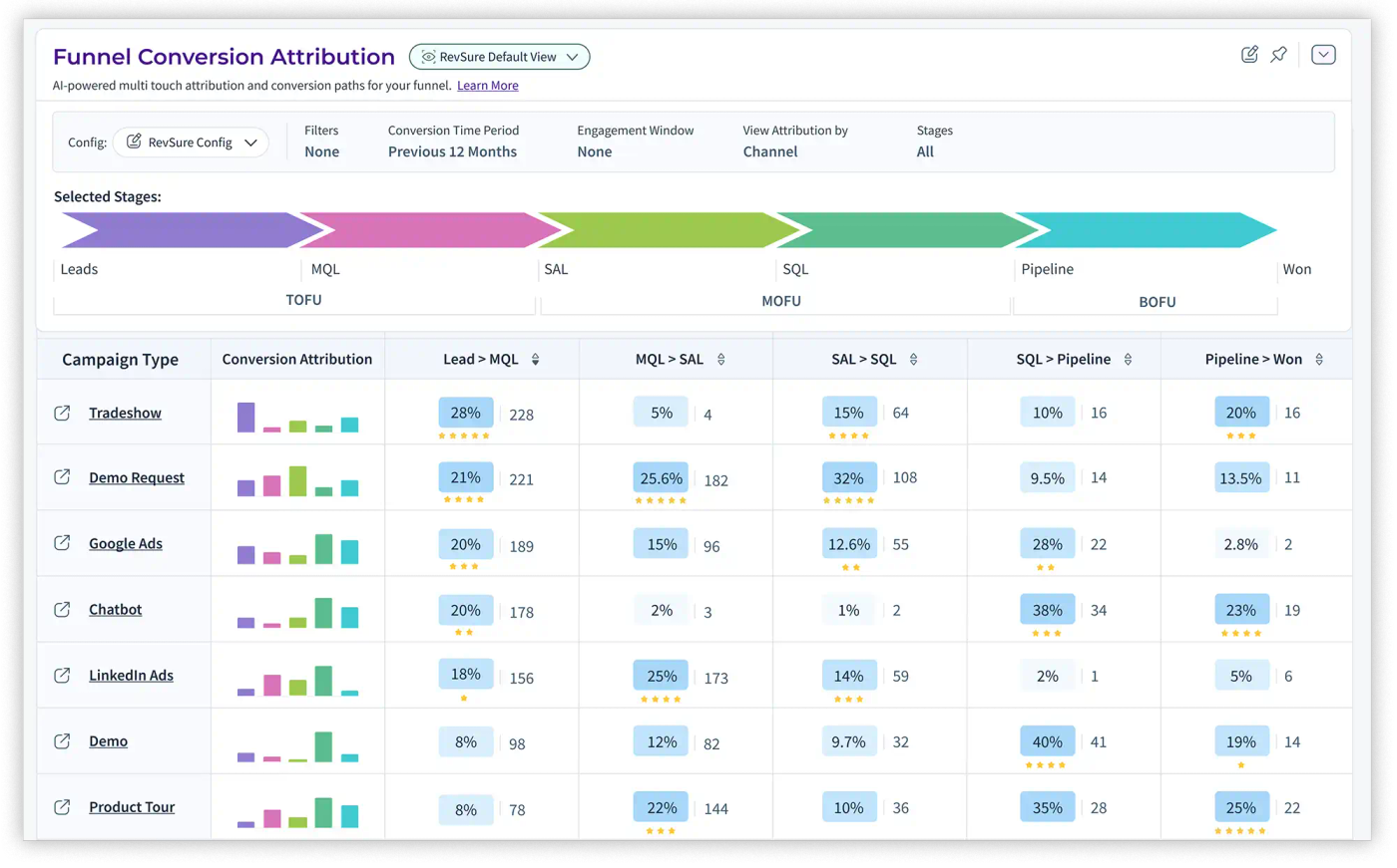Marketing funnel conversion attribution dashboard with campaign type data.