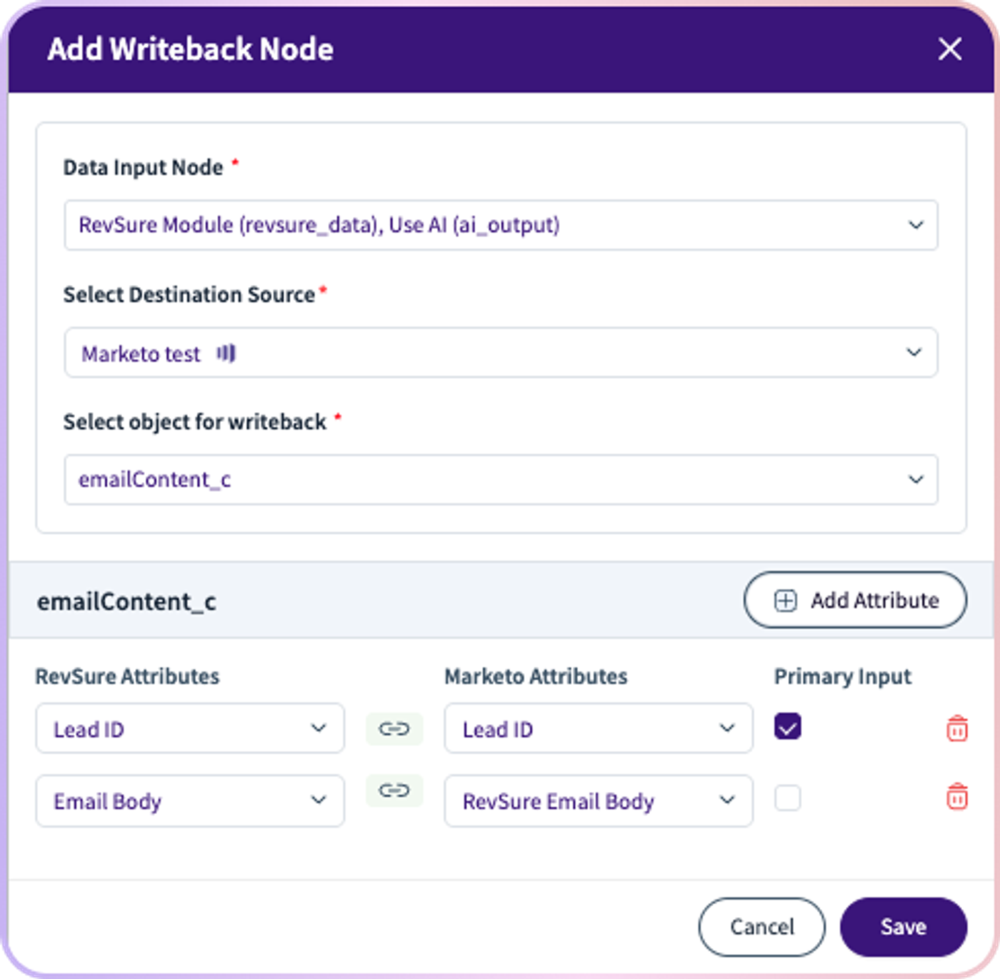 RevSure software screenshot, Add Writeback Node configuration menu.