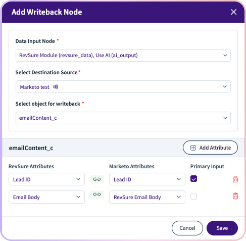 RevSure software screenshot, Add Writeback Node configuration menu.