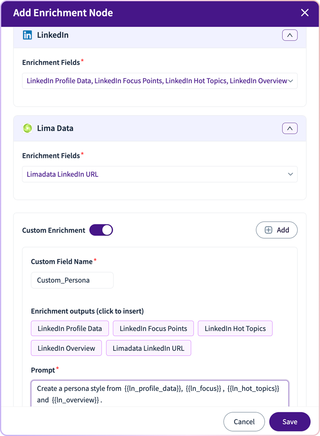 Add Enrichment Node popup with LinkedIn and Lima Data options for custom enrichment.