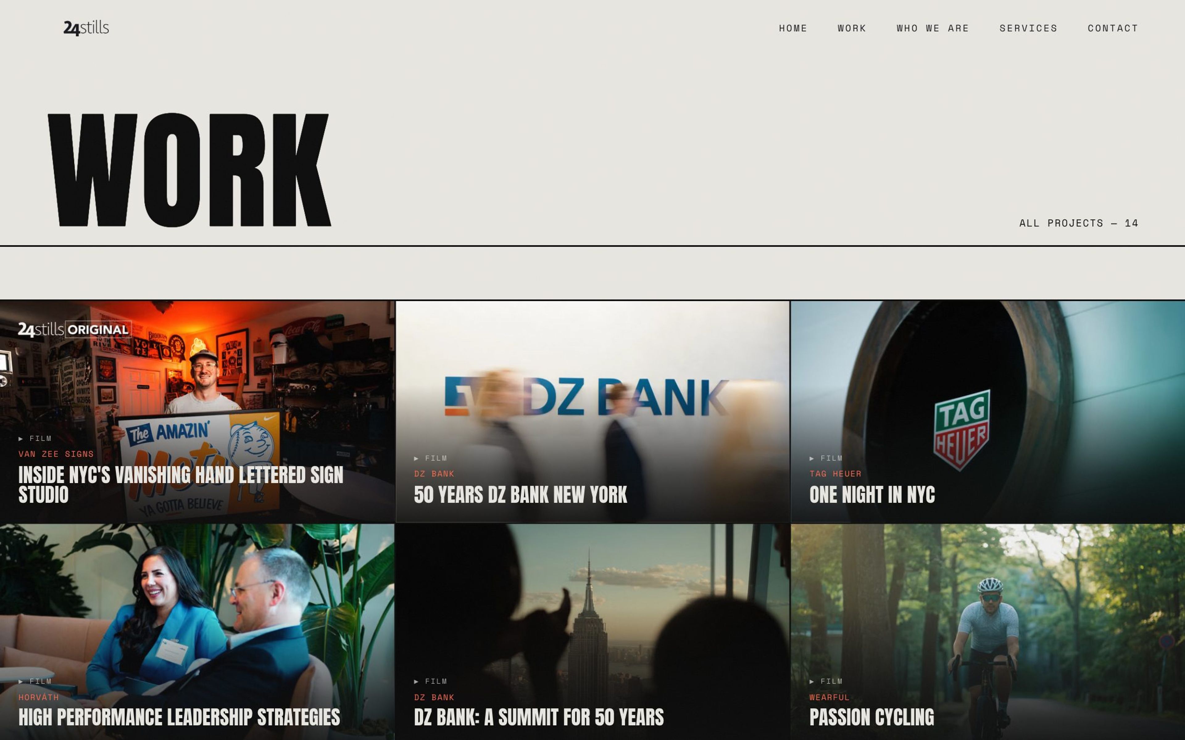 The 24stills Work page: a grid of film thumbnails