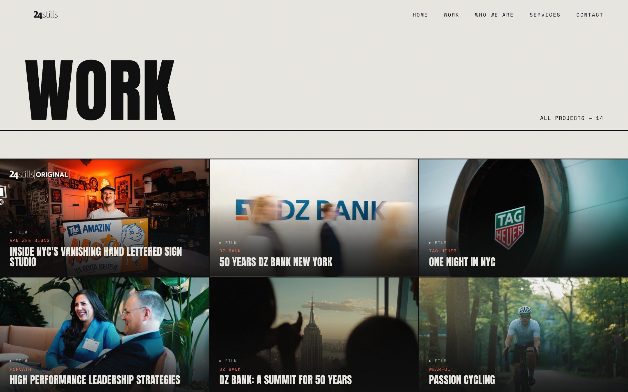 The 24stills Work page: a grid of film thumbnails