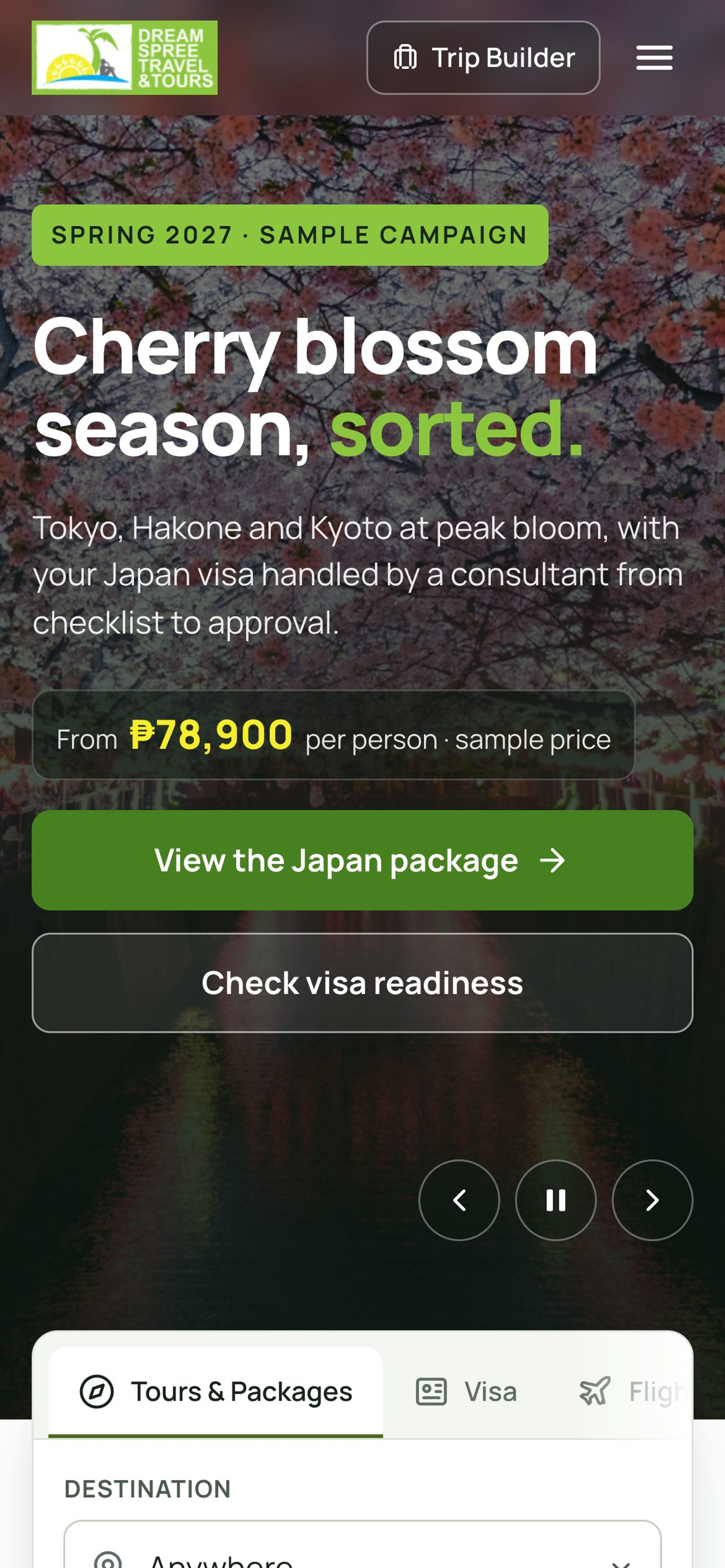 New Dreamspree home page on a phone