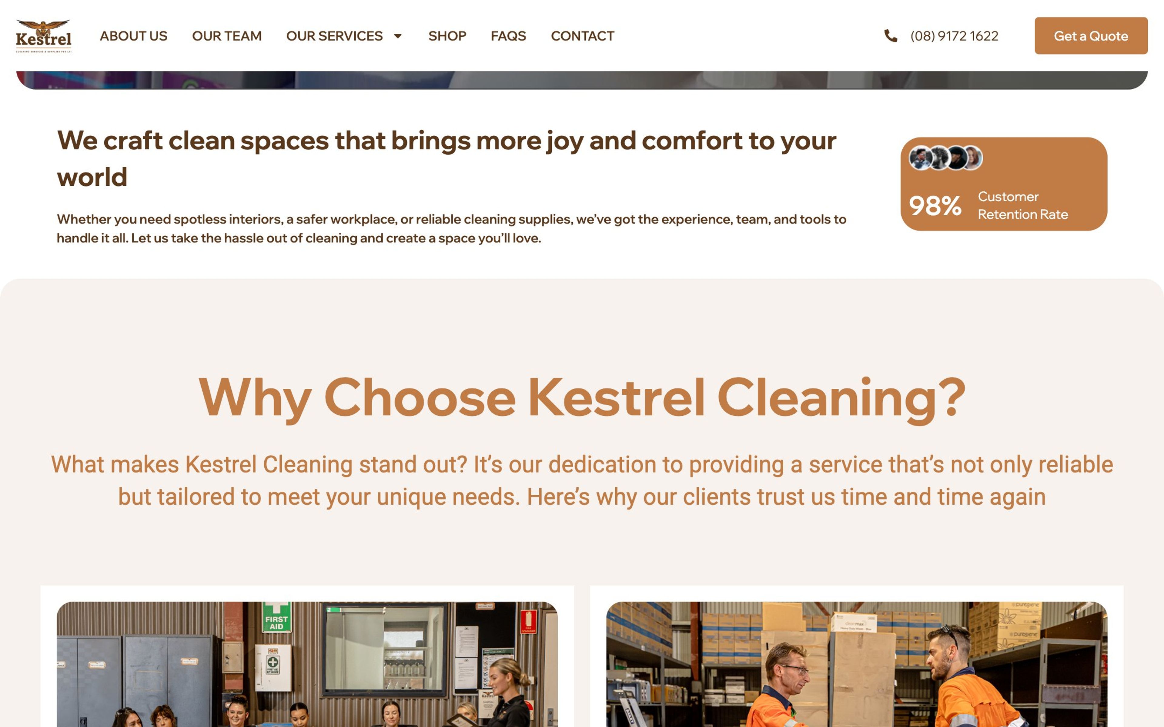 Why Choose Kestrel section with a 98% customer retention badge and team photos