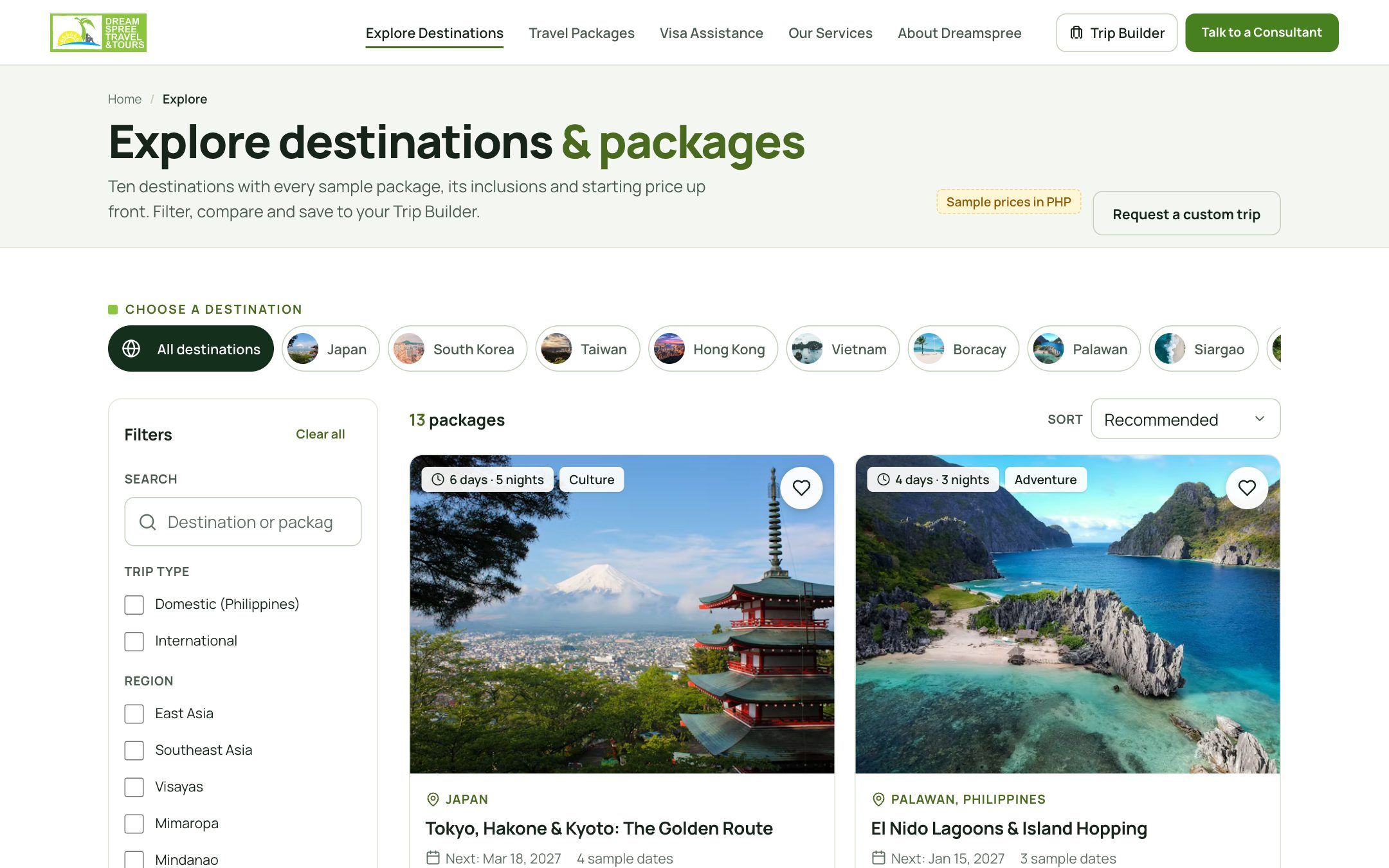 Explore page with destination filters and package cards