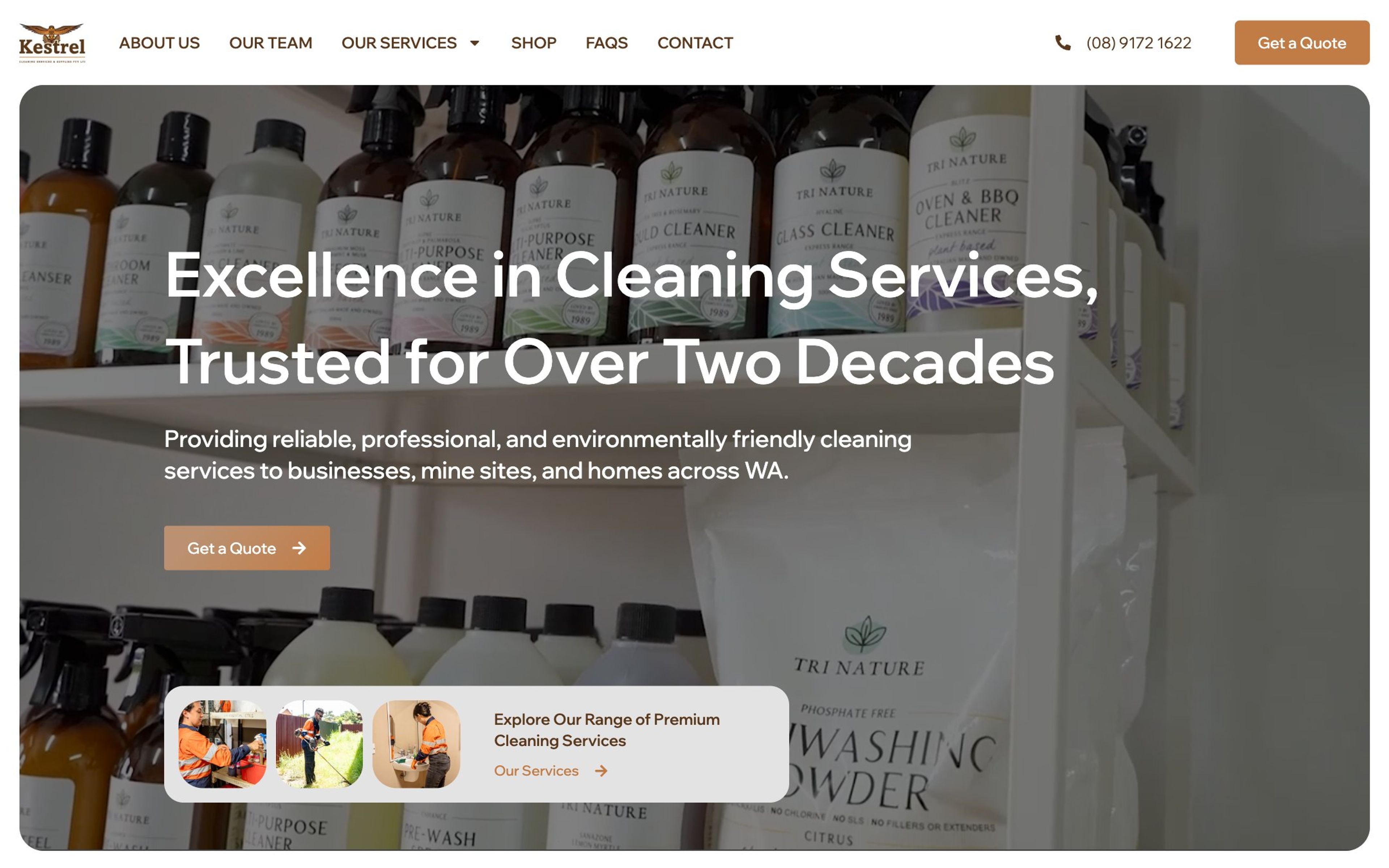 New Kestrel home page: a bold headline, Get a Quote button and service shortcuts