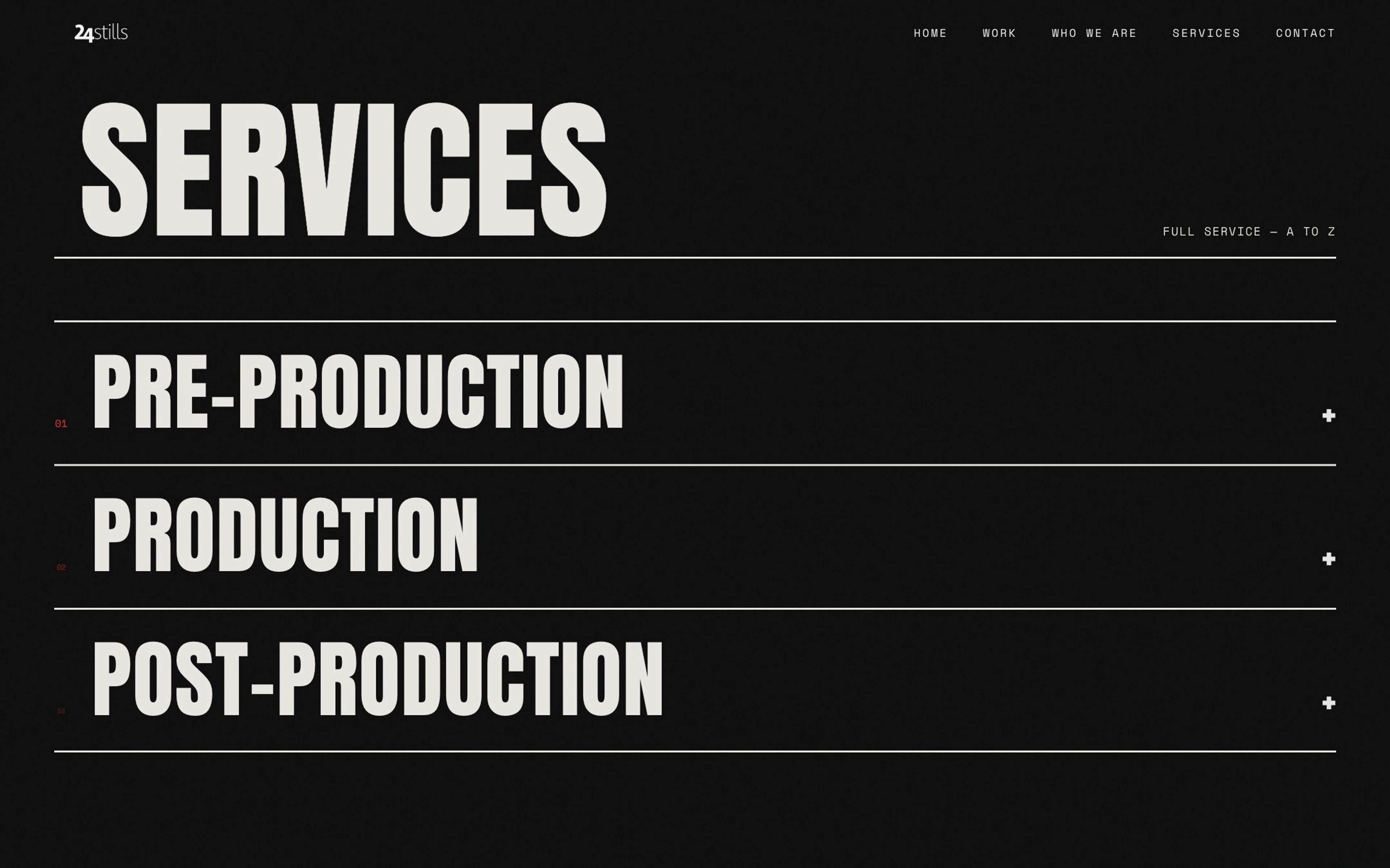 Services section listing pre-production, production and post-production