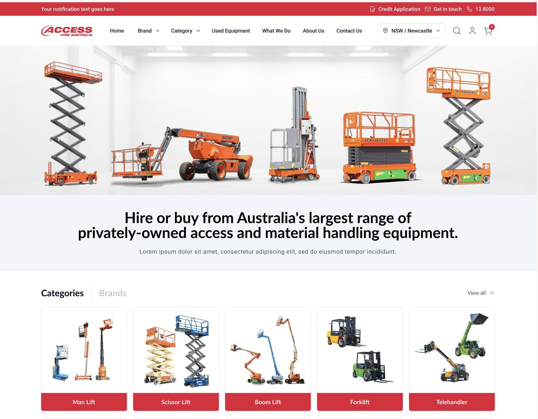 Access Hire Australia homepage concept with orange and blue lifts