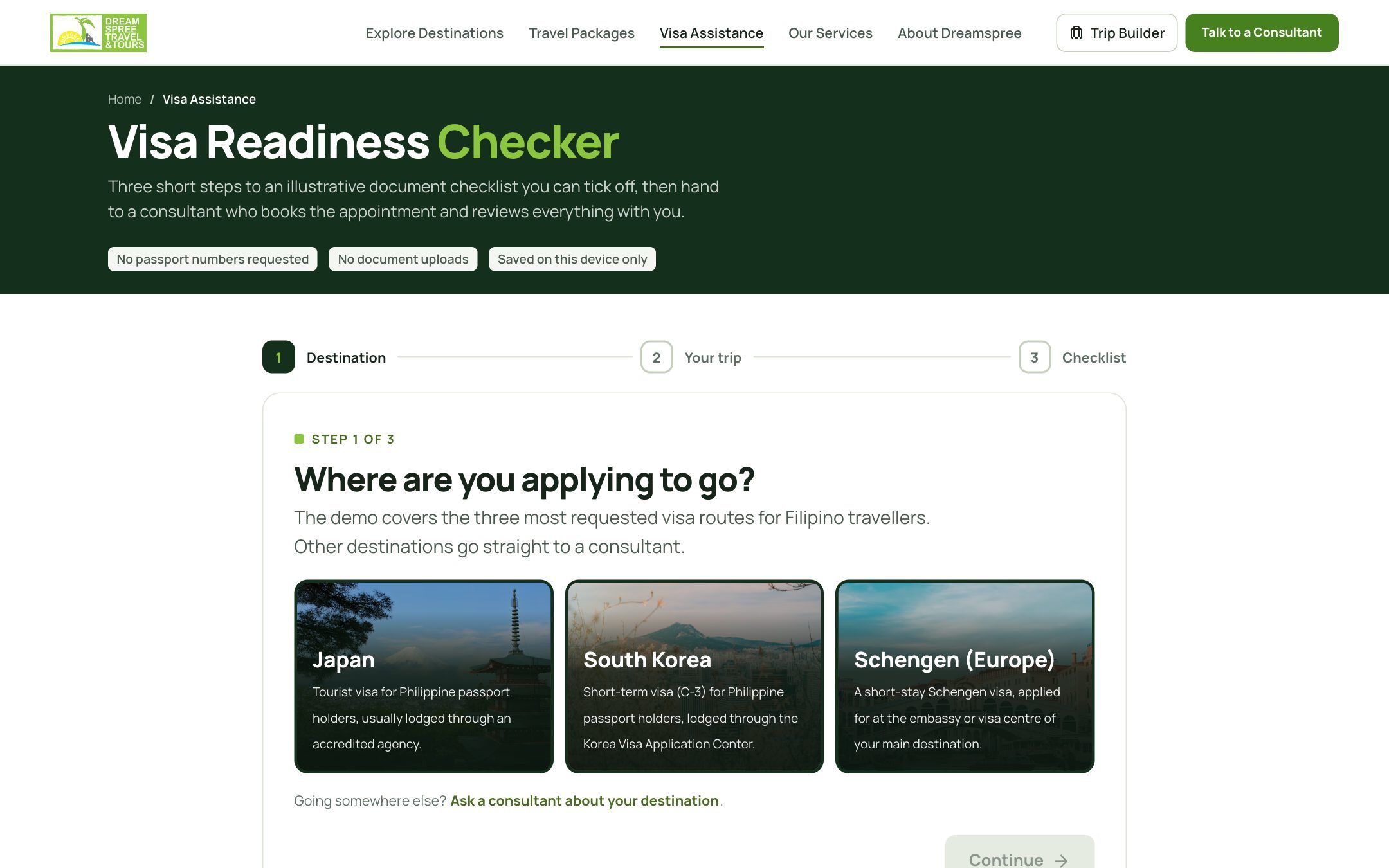 Visa Readiness Checker: choose Japan, South Korea or Schengen