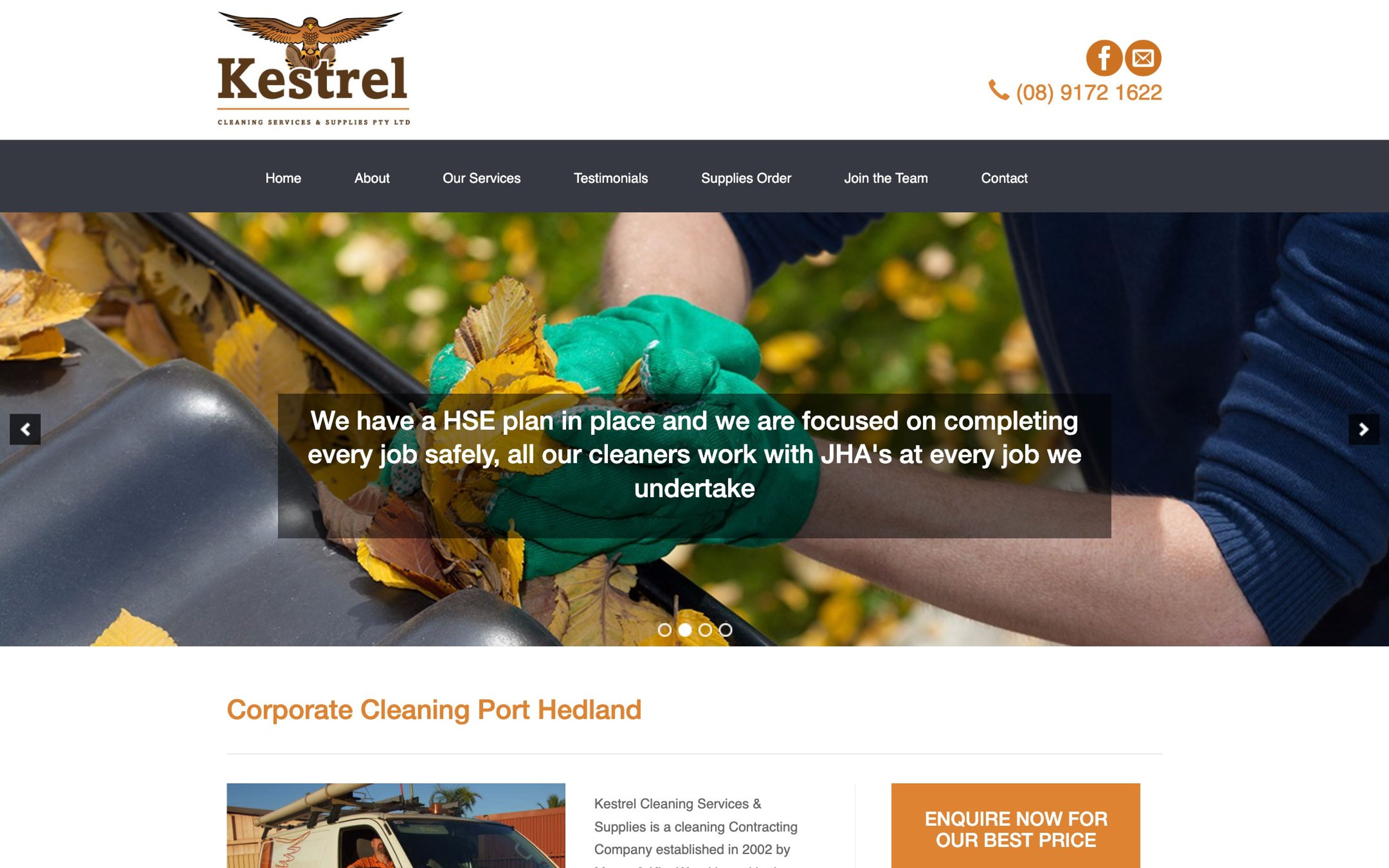 Old Kestrel home page: a dark menu bar and a rotating slider with a long caption