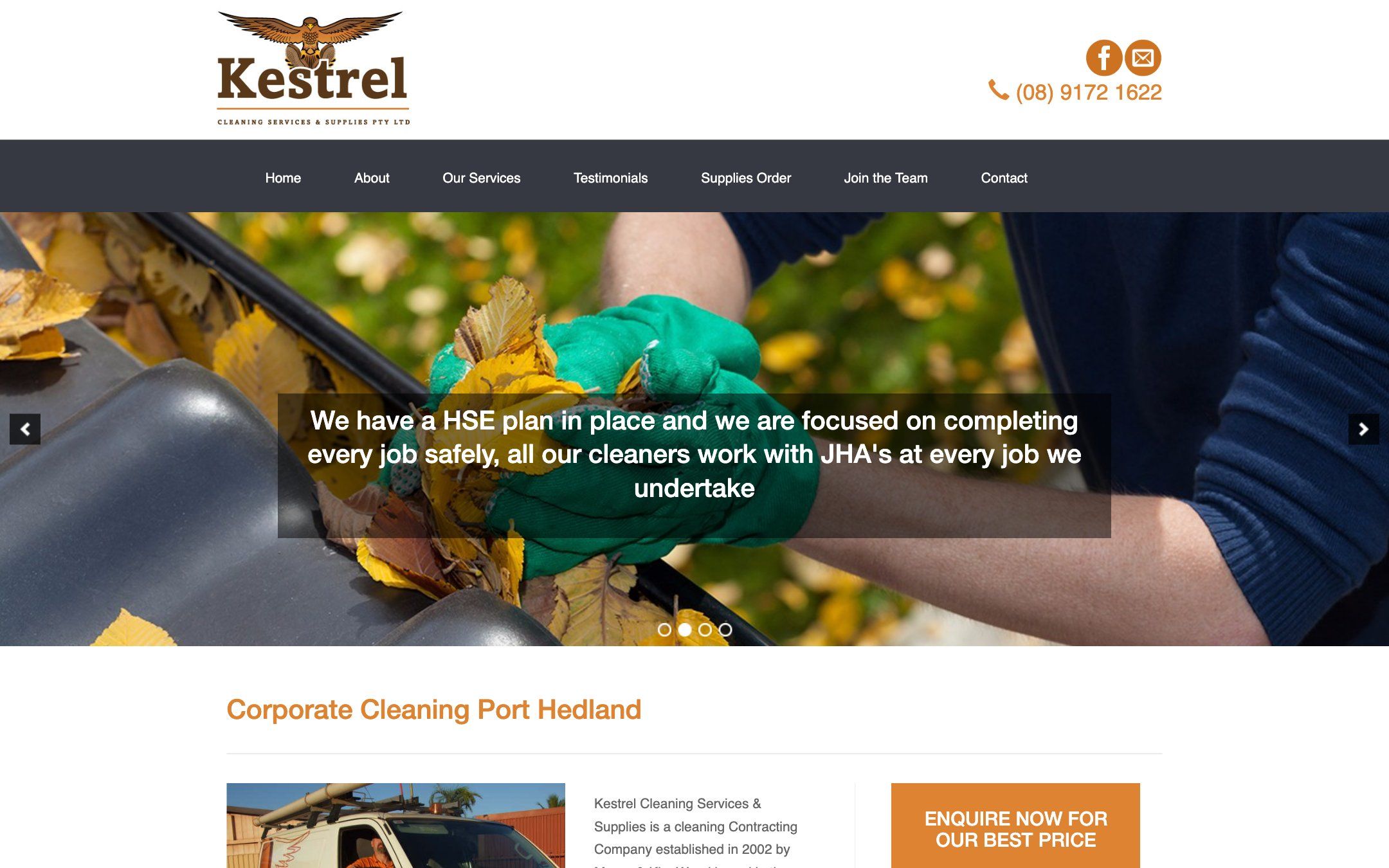 Old Kestrel home page: a dark menu bar and a rotating slider with a long caption