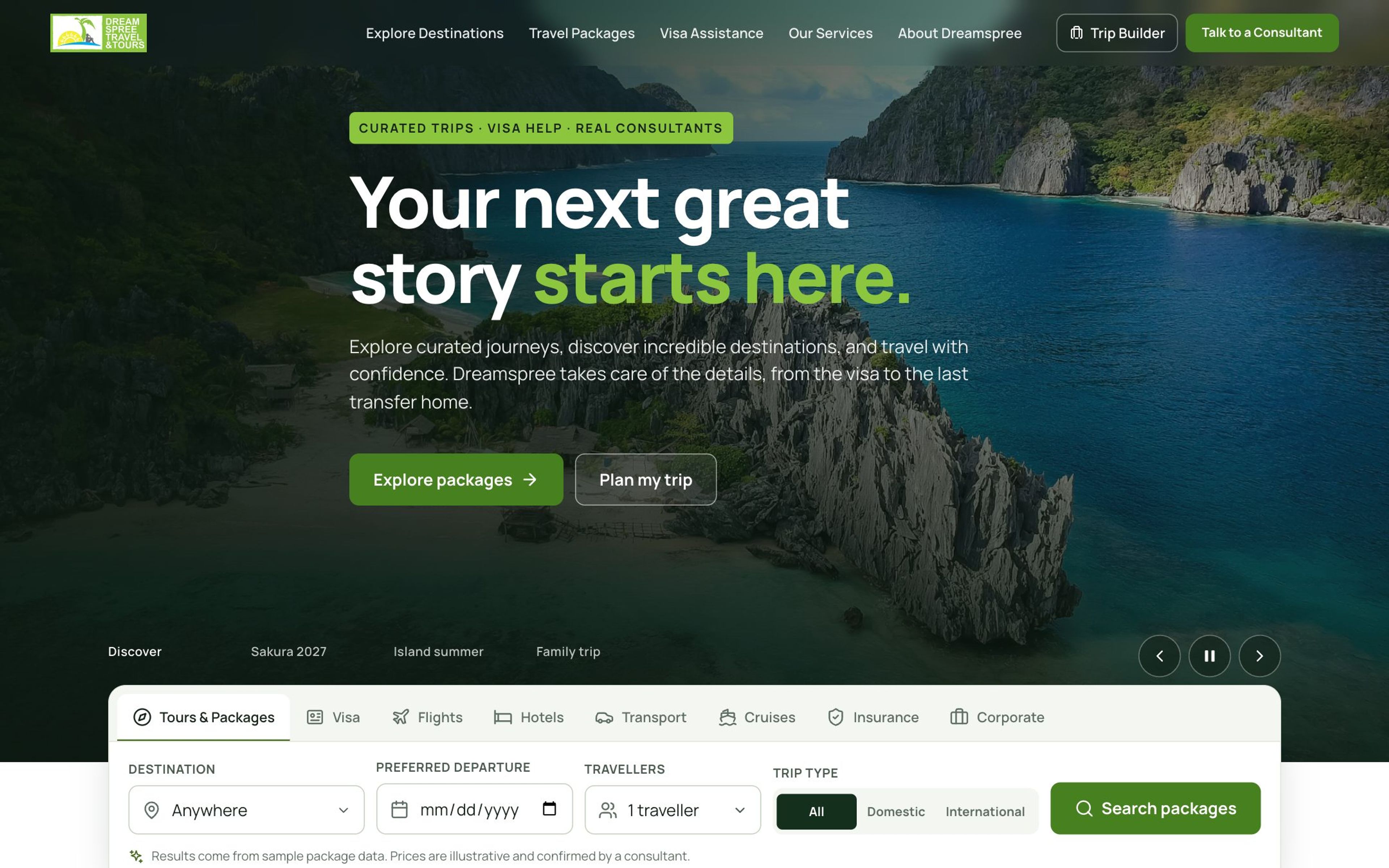 The new Dreamspree home page over turquoise water and limestone islands