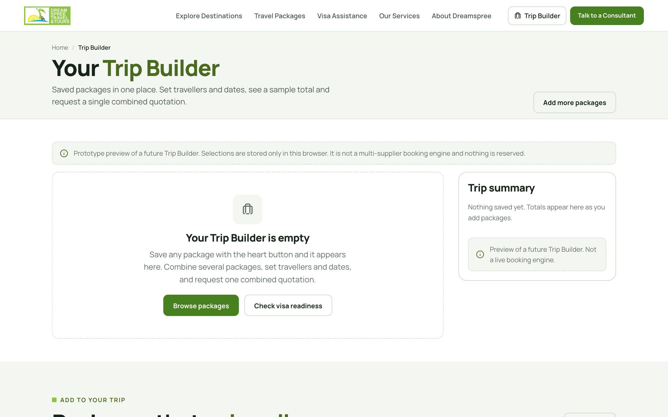 Trip Builder prototype in its empty state