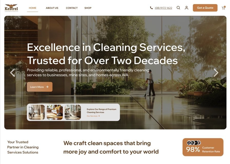 Kestrel Cleaning homepage concept: Excellence in cleaning services