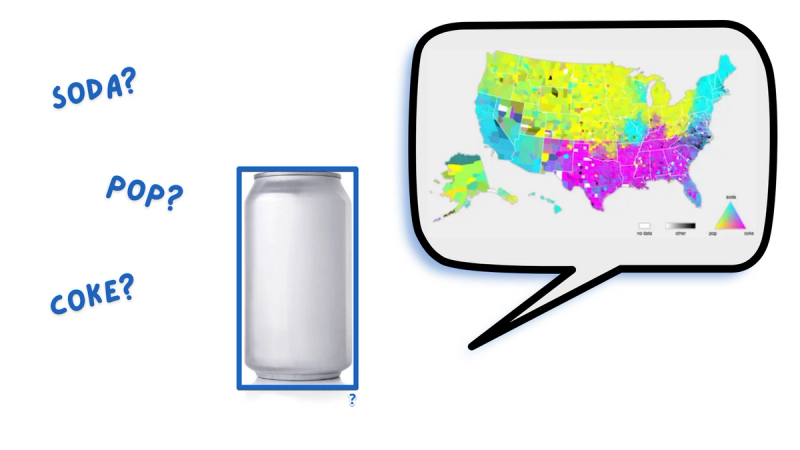 Geographical breakdown of ontology for soda vs pop vs coke in the USA