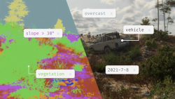RGB and semantic segmentation of an off-road vehicle in a desert.