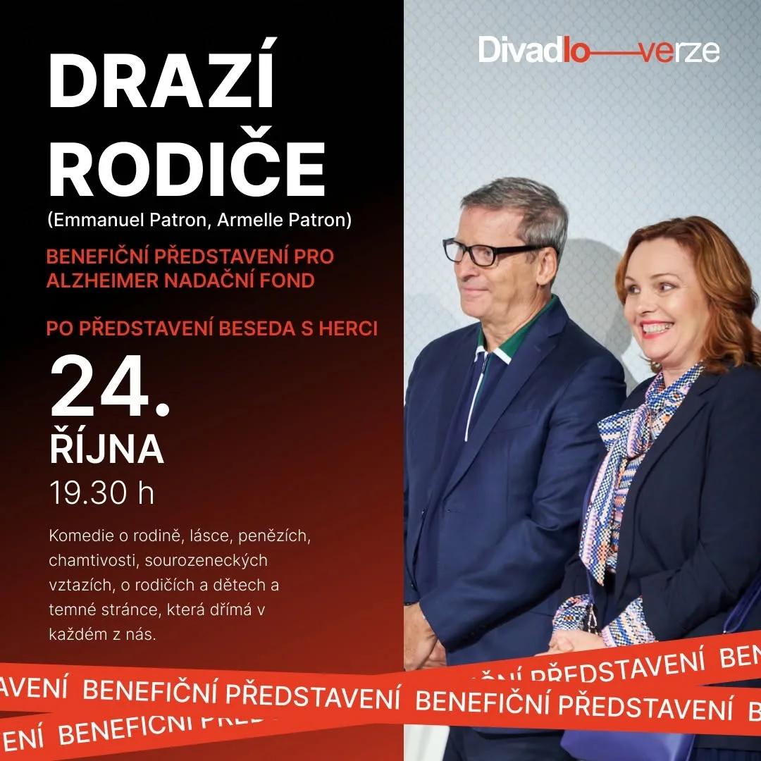 Plakát benefičního představení Drazí rodiče v Divadle Verze