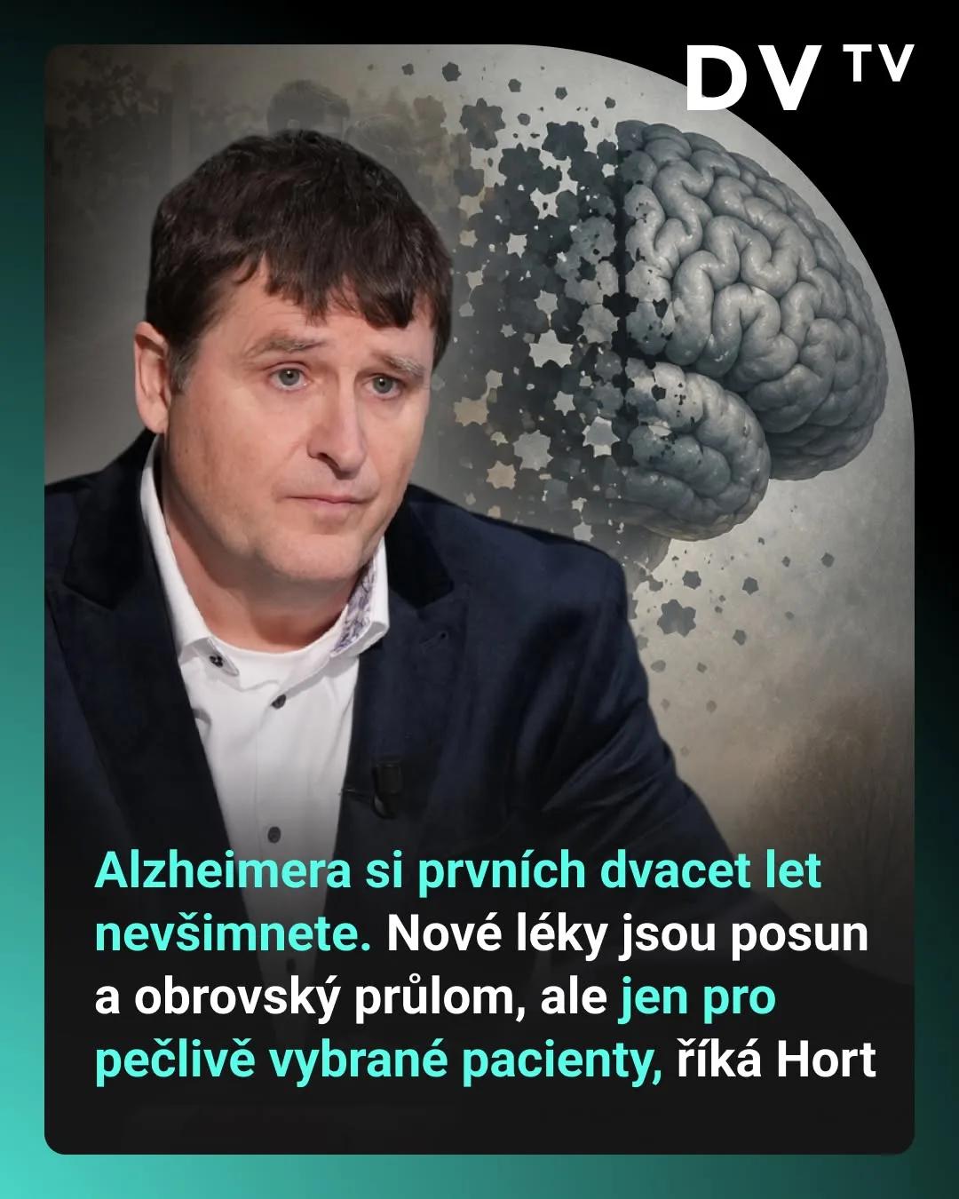 Jakub Hort v rozhovoru pro DVTV, v pozadí ilustrace rozpadajícího se mozku