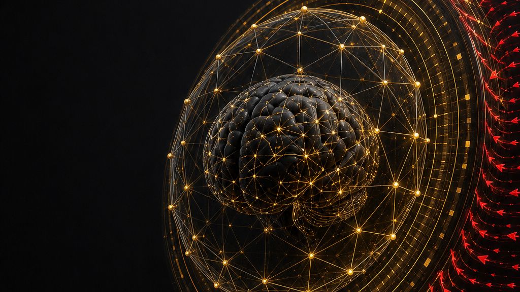 Abstract illustration of an AI model shielded by a gold lattice while red arrows press in from outside