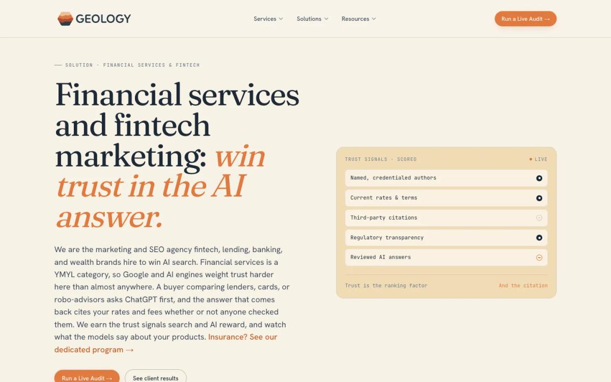 Geology's financial services and fintech landing page