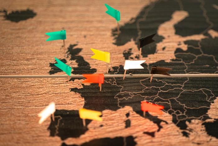 A map of European countries with pins in it