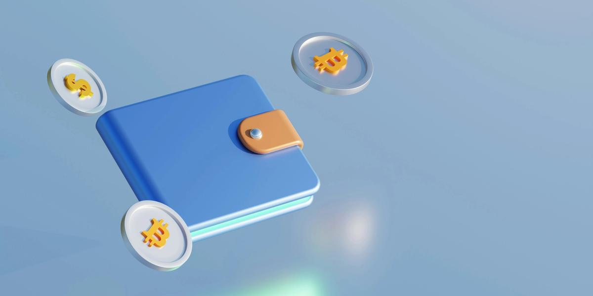 A blue wallet with bitcoin and dollar labelled coins