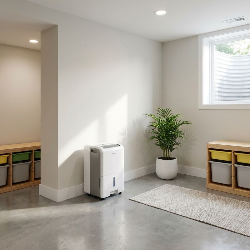 Dehumidifier running in clean basement for moisture control