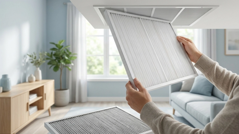 Homeowner replacing a clean HVAC air filter to improve indoor air quality and airflow