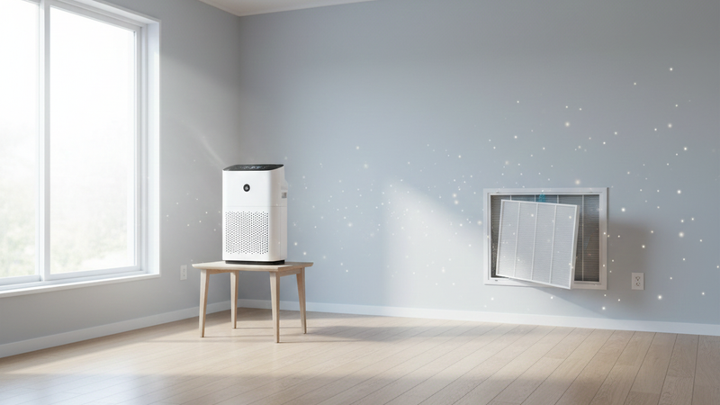 Home interior with air purifier and ventilation illustrating how homeowners manage PM2.5 indoors