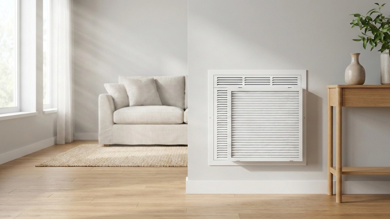 Residential HVAC return vent with a pleated air filter installed, illustrating how MERV ratings affect home indoor air quality