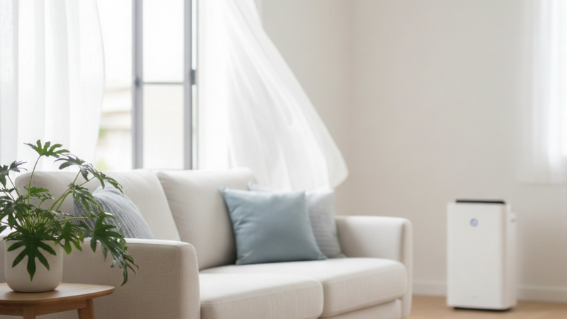 Bright living space illustrating healthy indoor air quality with natural ventilation and air filtration