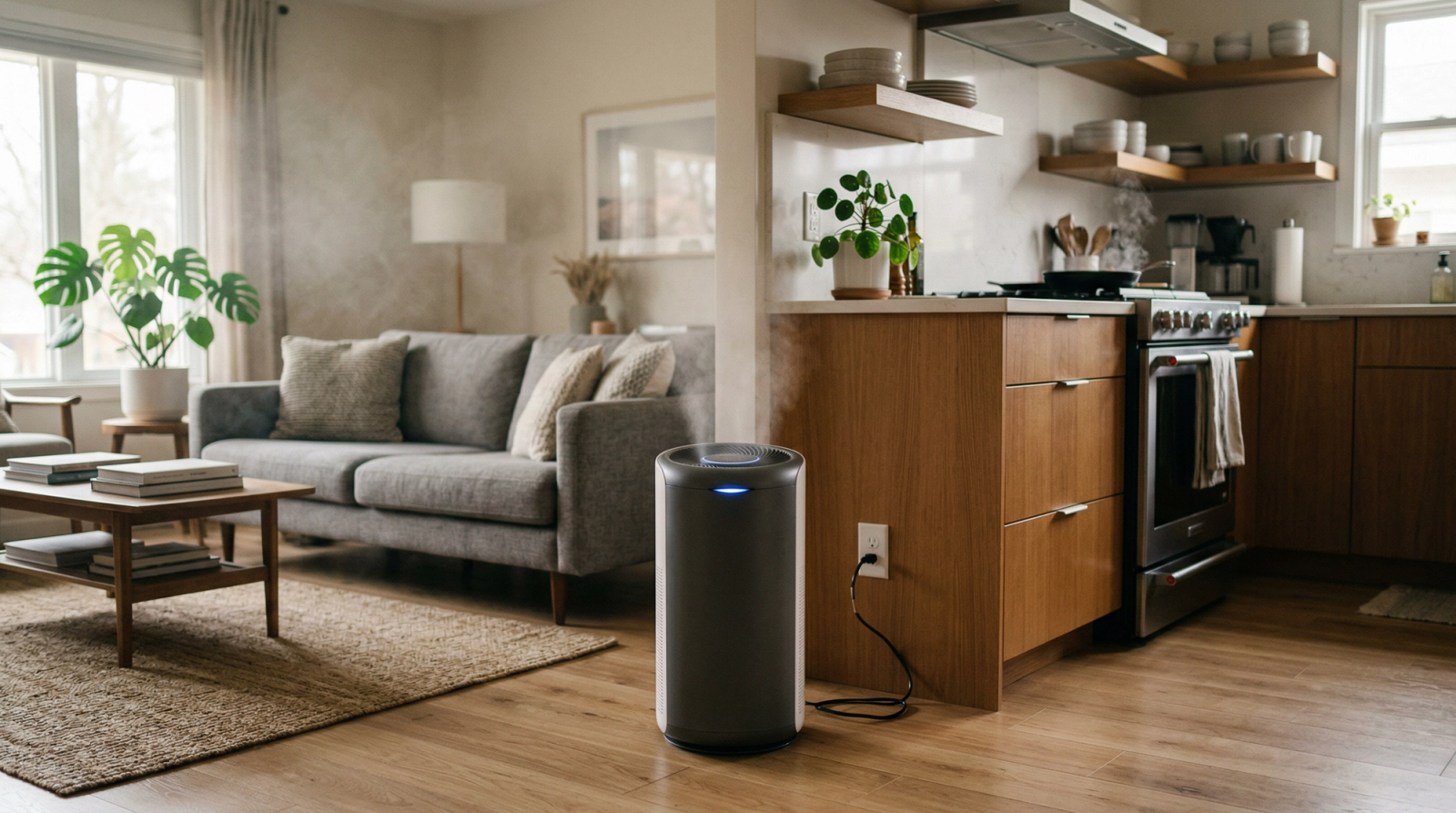 Air purifier running in a home to filter smoke