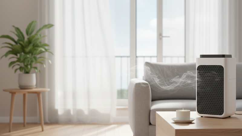 Bright living room with fresh airflow and air purifier illustrating how homeowners can reduce VOCs indoors