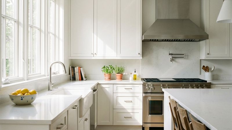 Clean, bright modern kitchen with range hood and natural lighting