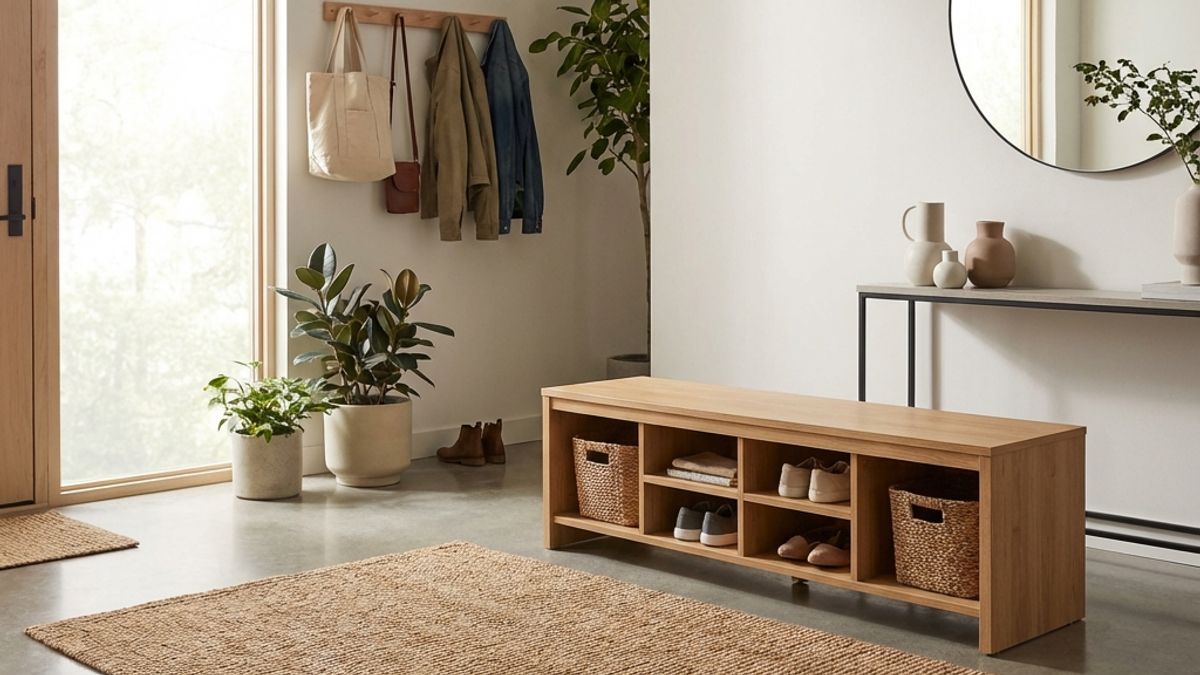 Clean, organized entryway with storage and mat for trapping outdoor pollutants