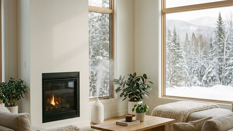 Cozy living room with winter view and humidifier