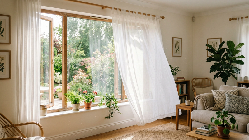 Open window with curtains in a bright home interior