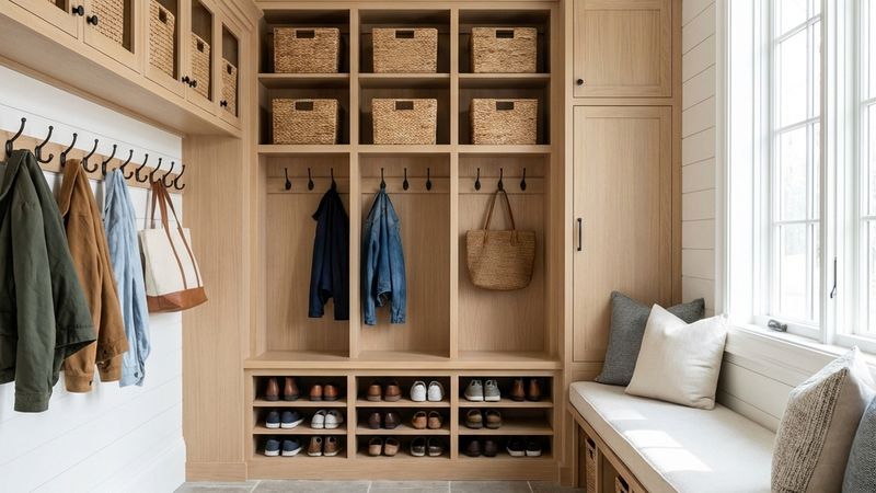 Clean, organized entryway with mudroom storage to reduce tracked pollutants