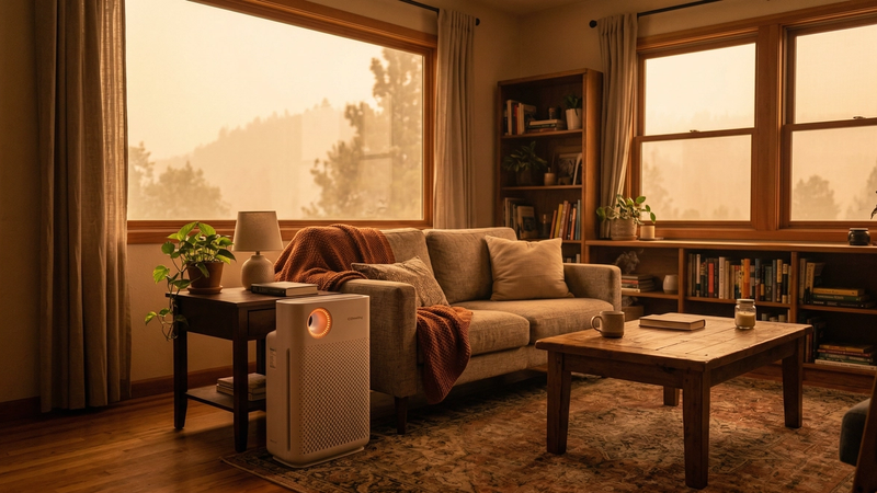 Home interior with wildfire smoke light filtering through windows