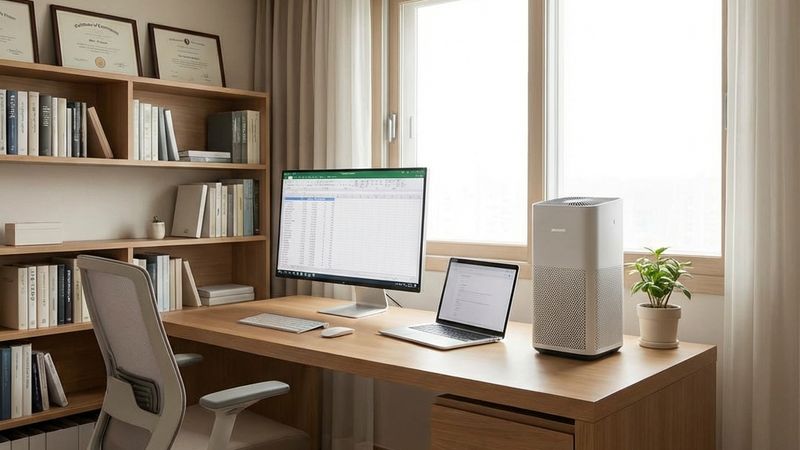Clean, organized home office with air purifier for healthy work environment