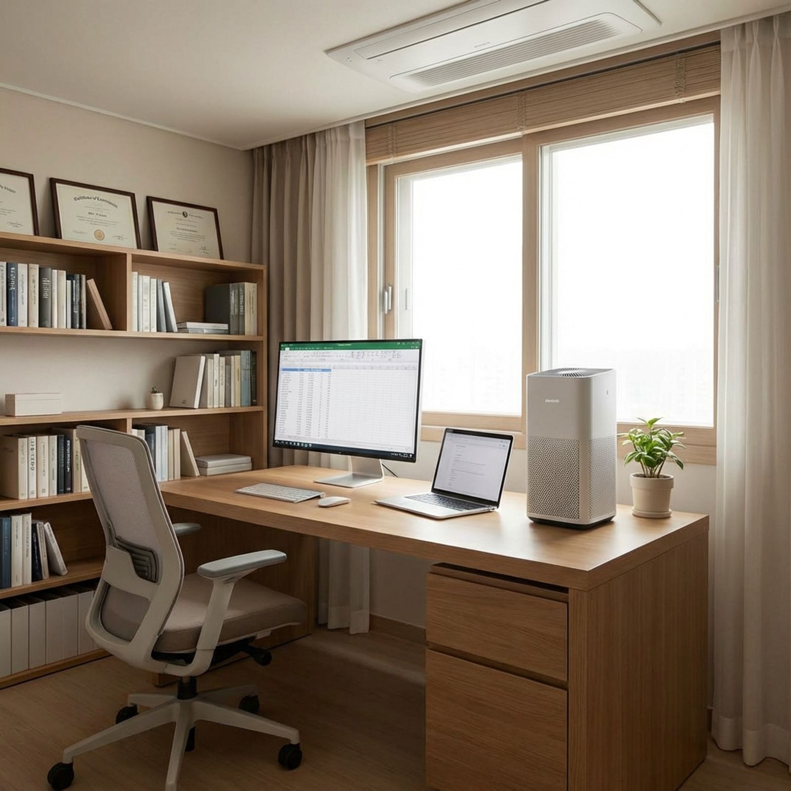 Clean, organized home office with air purifier for healthy work environment