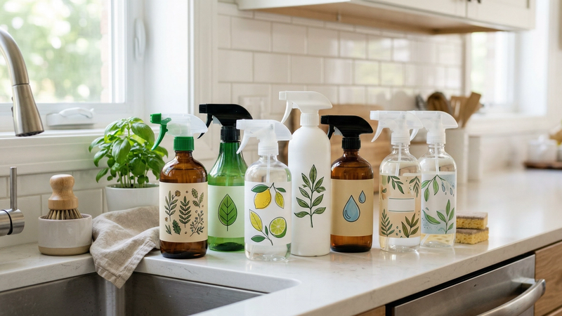 Household cleaning products on a kitchen counter