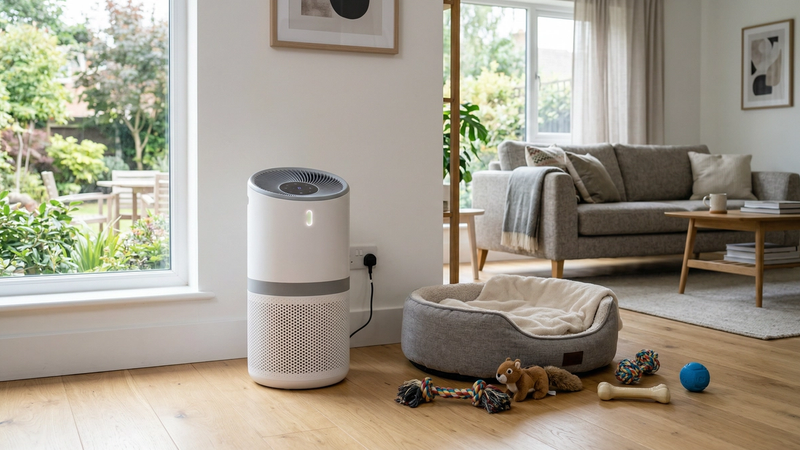 Air purifier in a living room with pet accessories