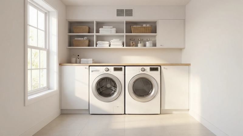Clean, organized laundry room with proper ventilation