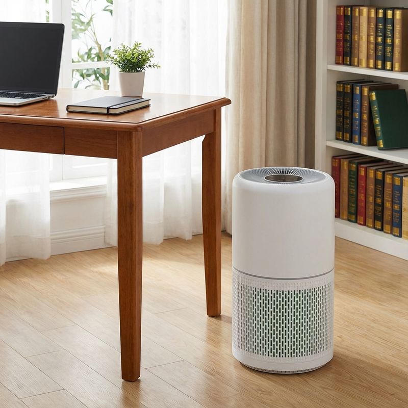 Compact air purifier in home office for improved air quality
