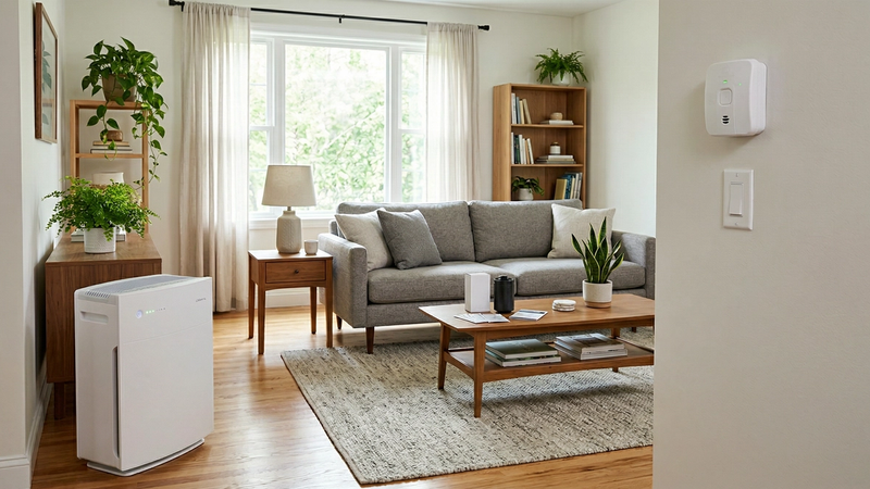 Air purifier in a living room alongside a CO detector and radon test kit