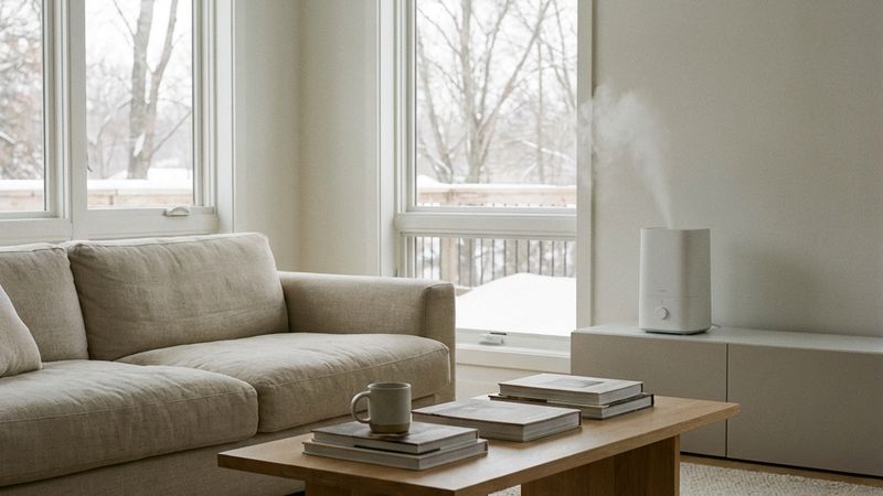 Modern living room with a humidifier during winter