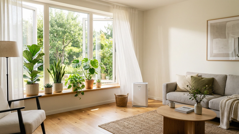 Bright, airy living room with open windows, houseplants, and a portable air purifier in a modern home