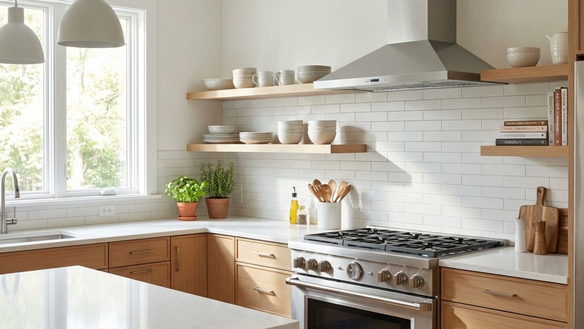 Clean modern kitchen with gas stove and proper ventilation