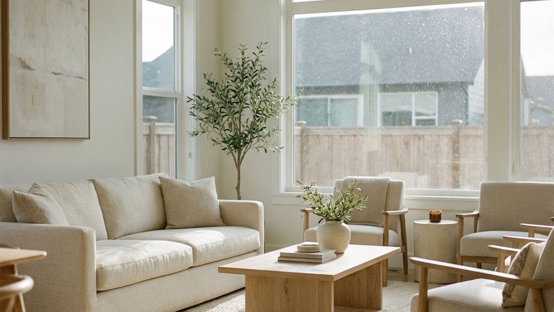 Clean living room with sunlight showing dust particles in the air